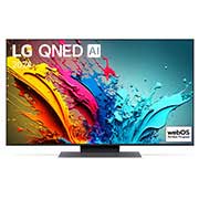 Vue de face du TV LG QNED, série QNED86 avec le texte LG QNED, 2024 et le logo webOS Re:New Program à l’écran.