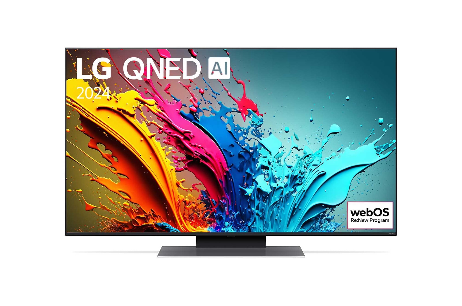 Vue de face du TV LG QNED, série QNED86 avec le texte LG QNED, 2024 et le logo webOS Re:New Program à l’écran.