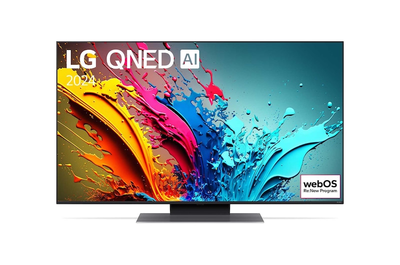 Vue de face du TV LG QNED, série QNED86 avec le texte LG QNED, 2024 et le logo webOS Re:New Program à l’écran.