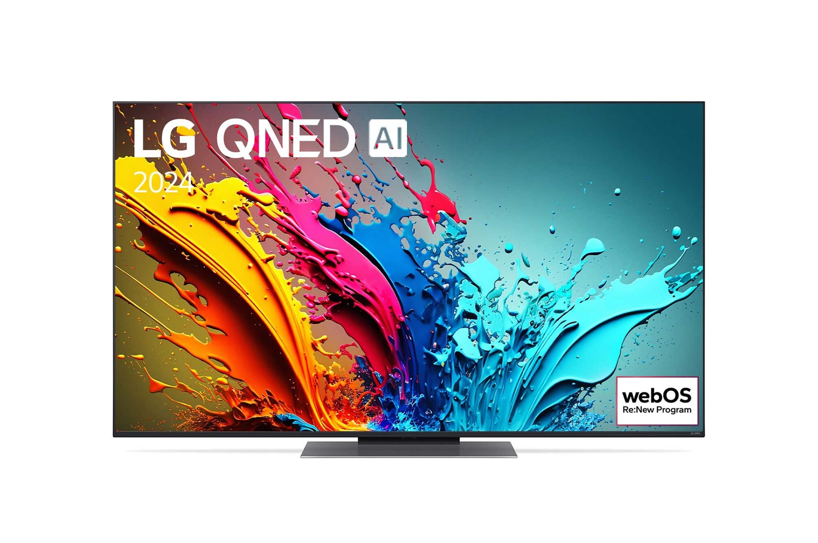 Vue de face de la TV LG QNED, QNED87 avec le texte LG QNED, 2024 et le logo webOS Re:New Program à l’écran.