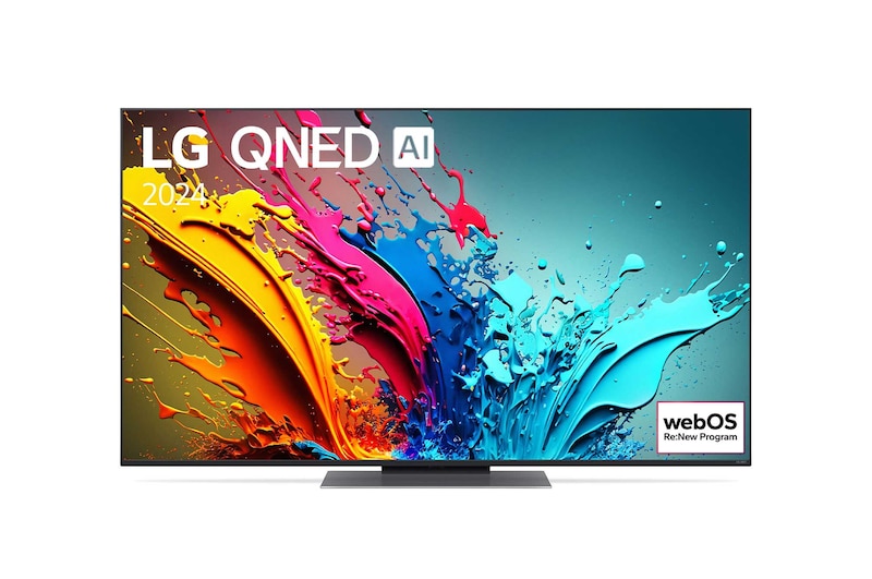 Vue de face de la TV LG QNED, QNED87 avec le texte LG QNED, 2024 et le logo webOS Re:New Program à l’écran.