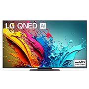 Vue de face de la TV LG QNED, QNED87 avec le texte LG QNED, 2024 et le logo webOS Re:New Program à l’écran.
