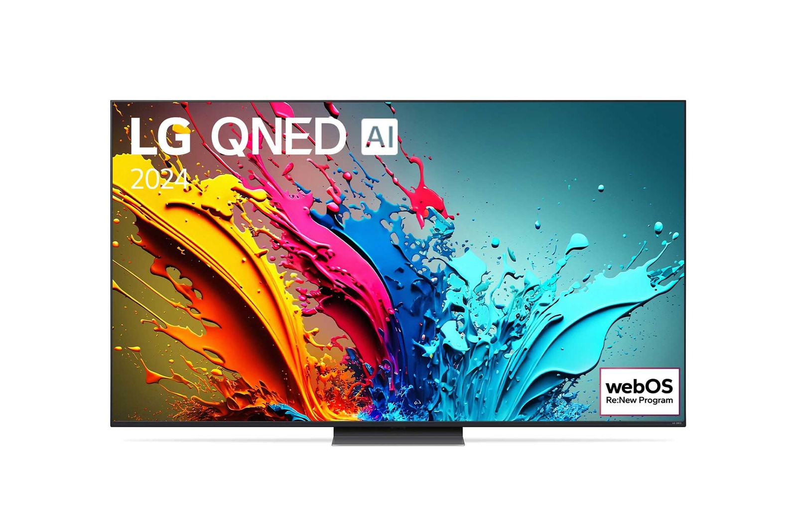 Vue de face de la TV LG QNED, QNED87 avec le texte LG QNED, 2024 et le logo webOS Re:New Program à l’écran.