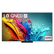 Vue de face de la TV LG QNED, QNED87 avec le texte LG QNED, 2024 et le logo webOS Re:New Program à l’écran.