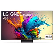 Vue de face du TV LG QNED, QNED91 avec le texte LG QNED MiniLED, 2024 et le logo webOS Re:New Program à l’écran.