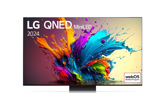 Vue de face du TV LG QNED, QNED91 avec le texte LG QNED MiniLED, 2024 et le logo webOS Re:New Program à l’écran.