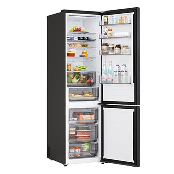 LG fridge freezer (GBBS726CEV) shelf highlighted in blue with arrows up and down right image shows folded shelf holding two water bottles