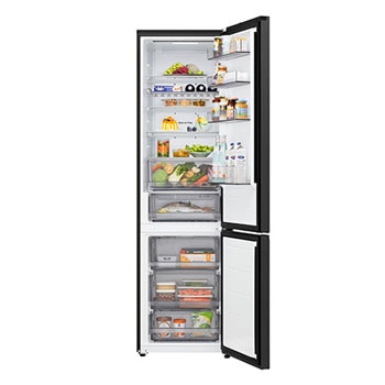 LG fridge freezer (GBBS726CEV) top view with matte black fridge on left and cabinet wall on right