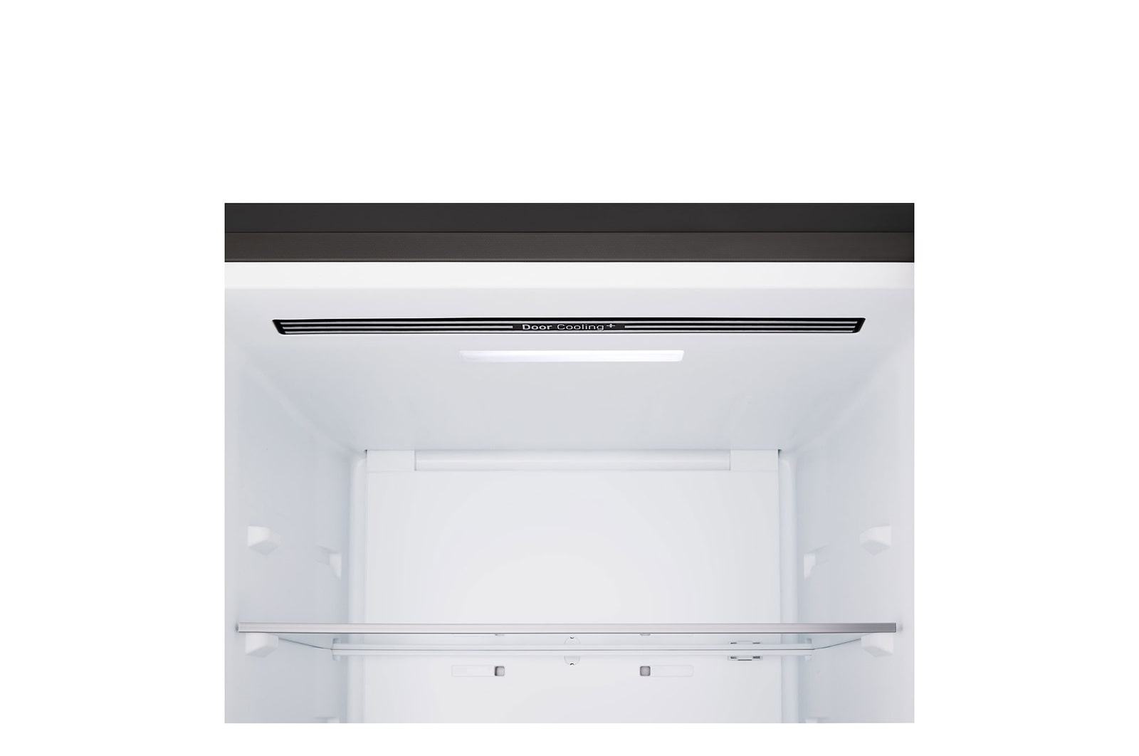 LG fridge freezer (GBBSJ10DEP) shelf highlighted in blue with arrows up and down right image shows folded shelf holding two water bottles