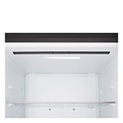LG fridge freezer (GBBSJ10DEP) shelf highlighted in blue with arrows up and down right image shows folded shelf holding two water bottles