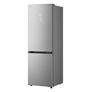LG fridge freezer (GBBSJ10DEP) shelf highlighted in blue with arrows up and down right image shows folded shelf holding two water bottles