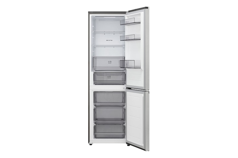LG fridge freezer (GBBSJ10DEP) top view with matte black fridge on left and cabinet wall on right