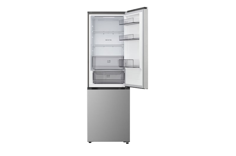 LG bottom freezer (GBBSJ10DEP) in living space with night city view overlaid with AI Saving Mode graphic and fluctuating energy chart
