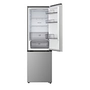 LG bottom freezer (GBBSJ10DEP) in living space with night city view overlaid with AI Saving Mode graphic and fluctuating energy chart