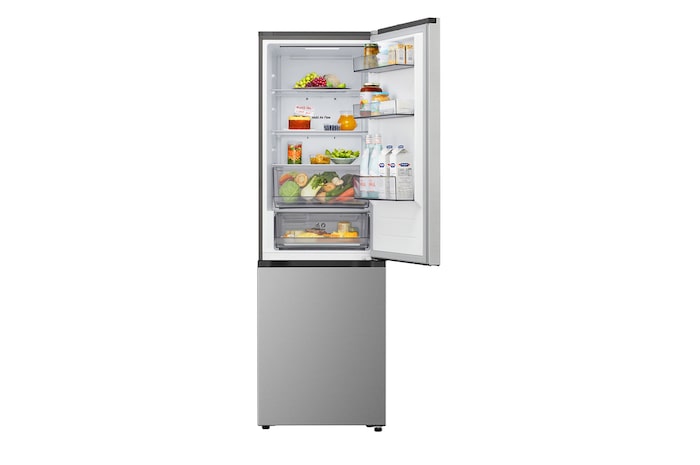 LG bottom freezer (GBBSJ10DEP) installed flush in tall warm beige wall with white arrows pointing to top side and front surfaces