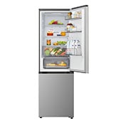 LG bottom freezer (GBBSJ10DEP) installed flush in tall warm beige wall with white arrows pointing to top side and front surfaces