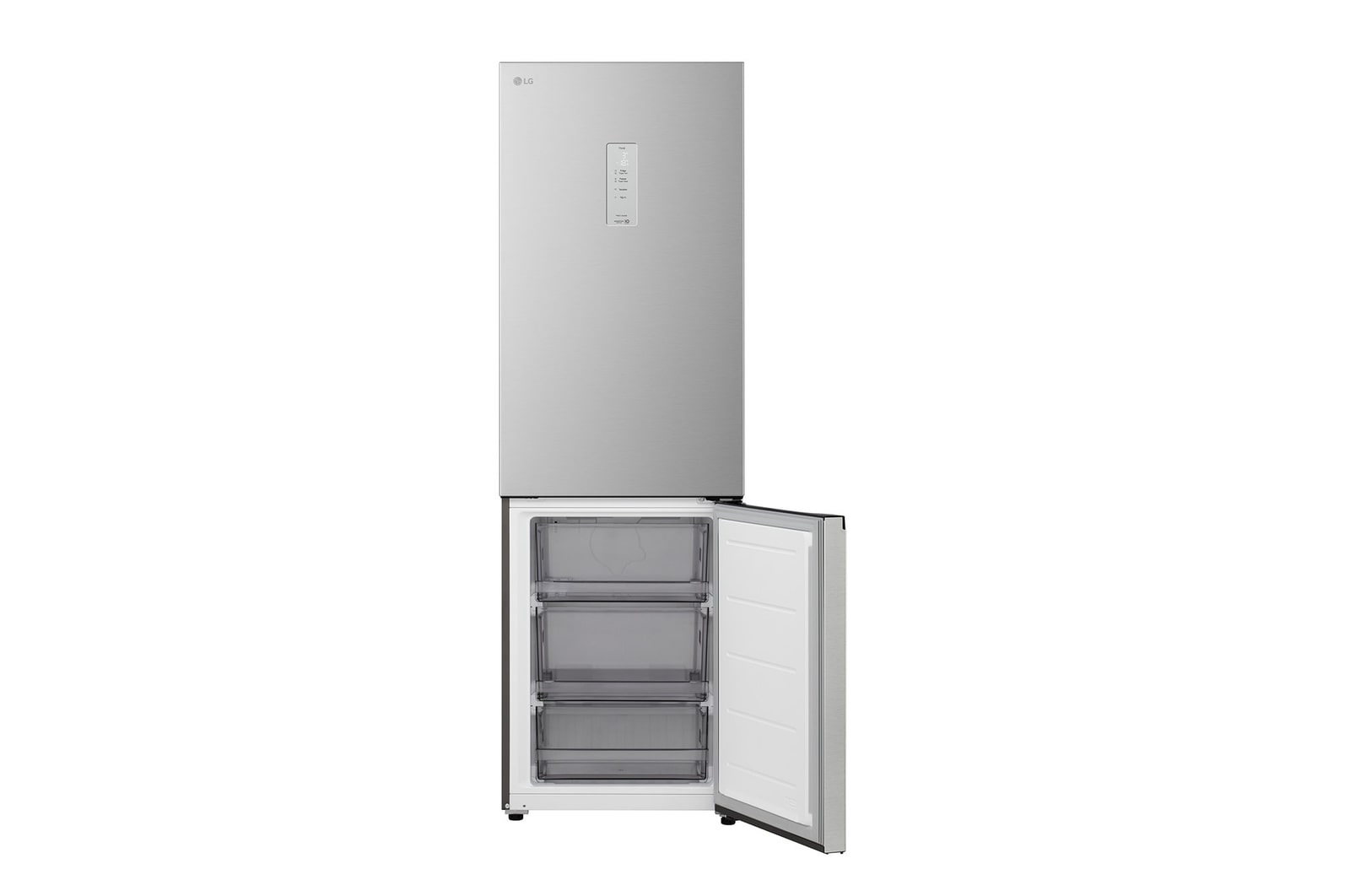 LG fridge freezer (GBBSJ10DEP) close up of wine rack holding four bottles and box of macarons with rack design magnified in circular image