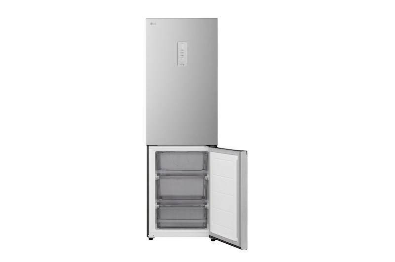LG fridge freezer (GBBSJ10DEP) close up of wine rack holding four bottles and box of macarons with rack design magnified in circular image