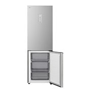 LG fridge freezer (GBBSJ10DEP) close up of wine rack holding four bottles and box of macarons with rack design magnified in circular image