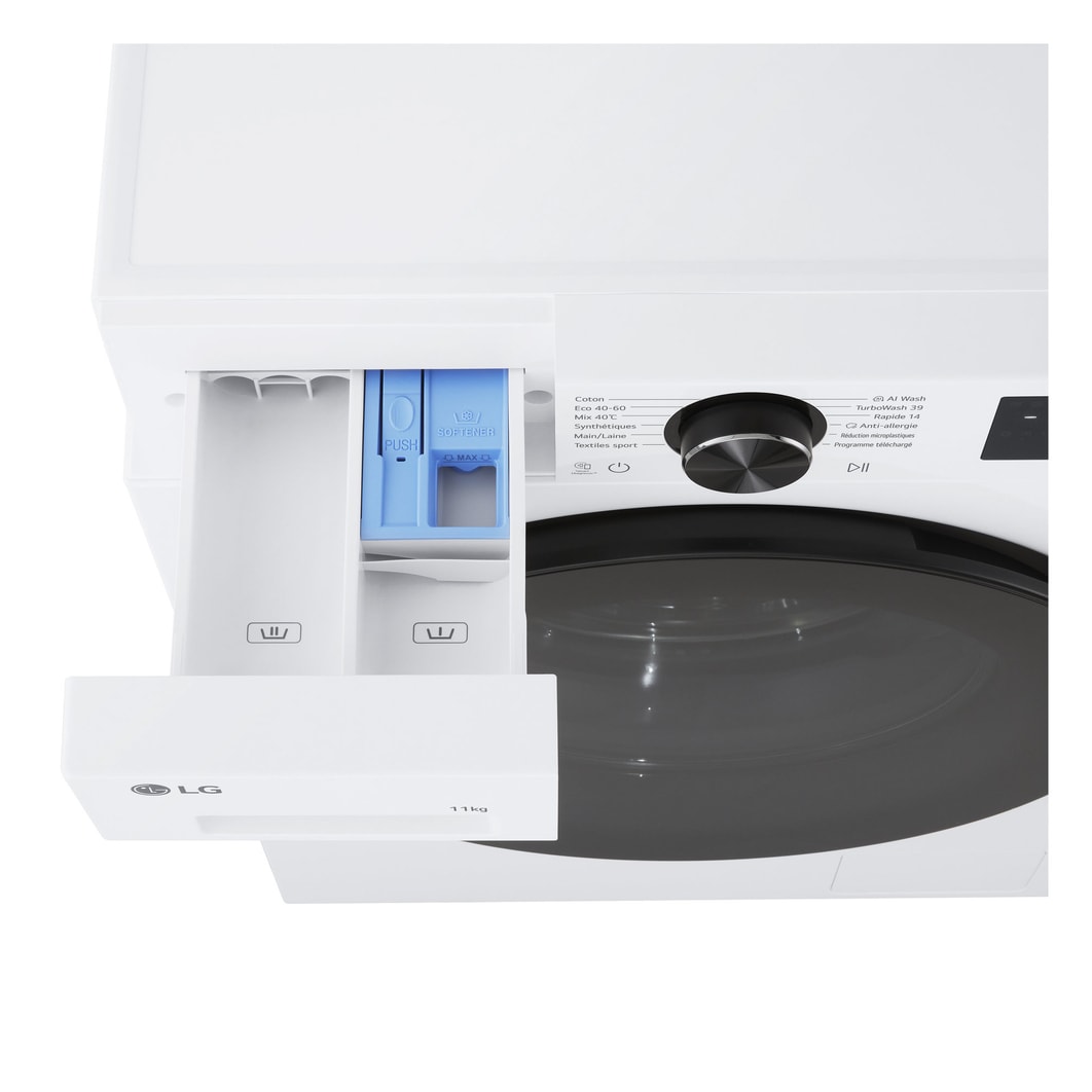Interior shot featuring LG front load washing machine