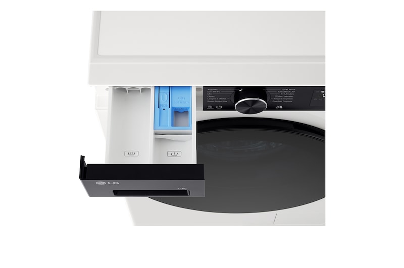 Interior shot featuring LG front load washing machine