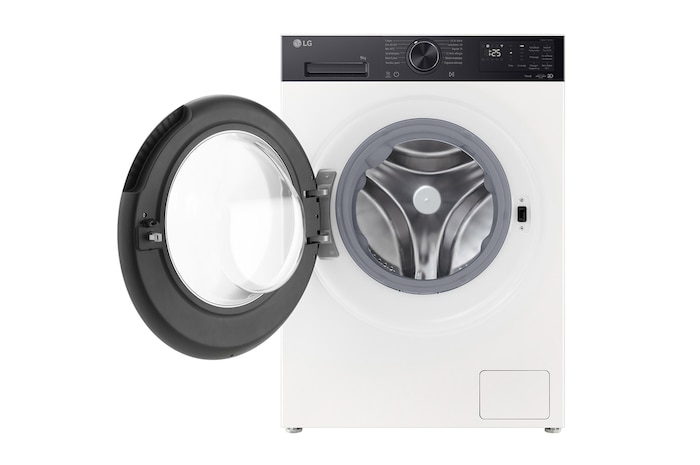 An image showing a washing machine in the living room with an A rating for energy efficiency next to it, consuming 30% less electricity