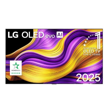 Front view of LG OLED evo AI G5 4K Smart TV. 12 Years of world number 1 OLED emblem and LG OLED evo AI 2025 logo are on the screen.