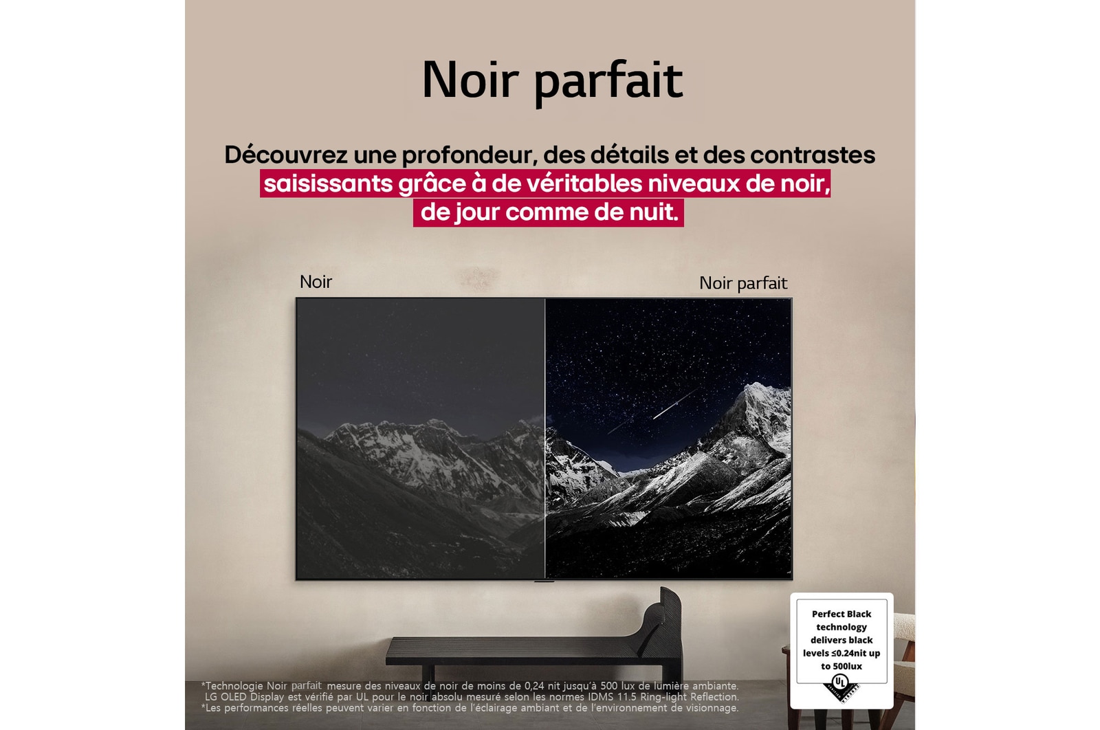Living room space with a wall-mounted LG OLED TV. On the TV is a mountain range against a dark evening sky filled with stars. This scene is split in half to show how Perfect Black delivers true black levels whether it's bright or dark around you. One side of the scene shows a duller, grayer version of the landscape labeled, Non Perfect Black display. On the other side is a more pleasing picture with a larger dynamic range of blacks and whites. This is labeled, Perfect Black display. Logo certification is also visible, Perfect Black Technology delivers black levels less than or equal to 0.24 nit up to 500 lux. A text bubble is by its side it says, check the Perfect Black certification mark. 