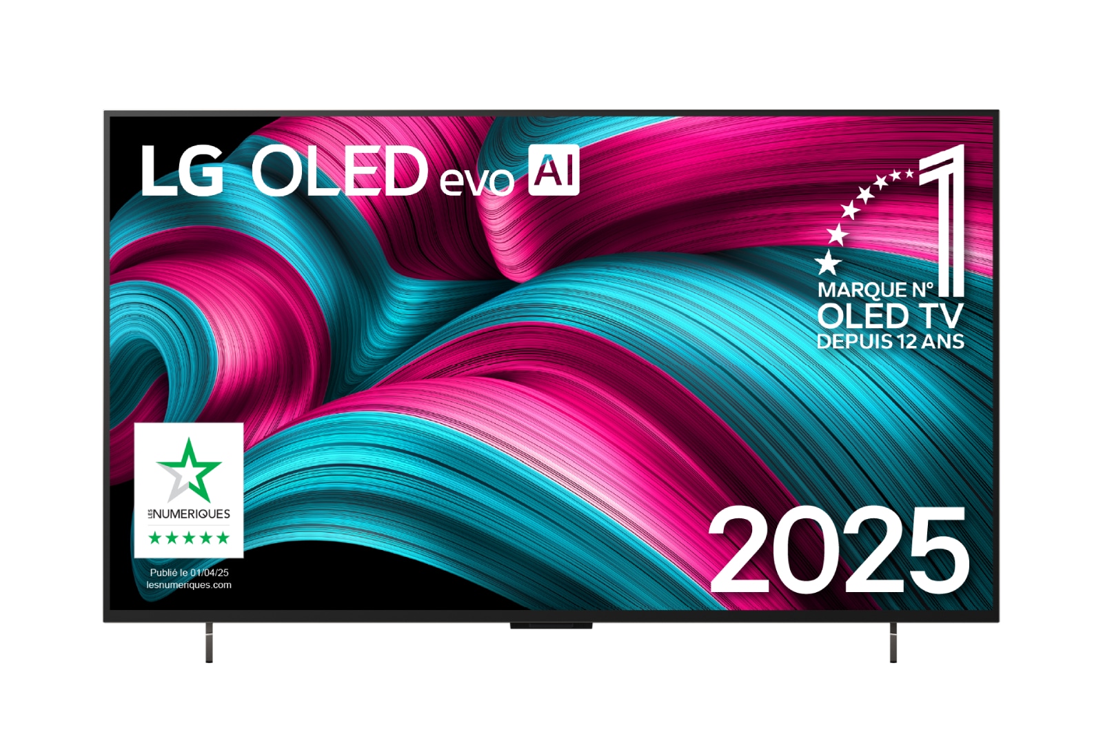 Vue avant de la Smart TV LG OLED evo AI C5 4K. L’emblème OLED numéro 1 dans le monde pendant 12 ans et le logo LG OLED evo AI 2025 sont à l’écran.