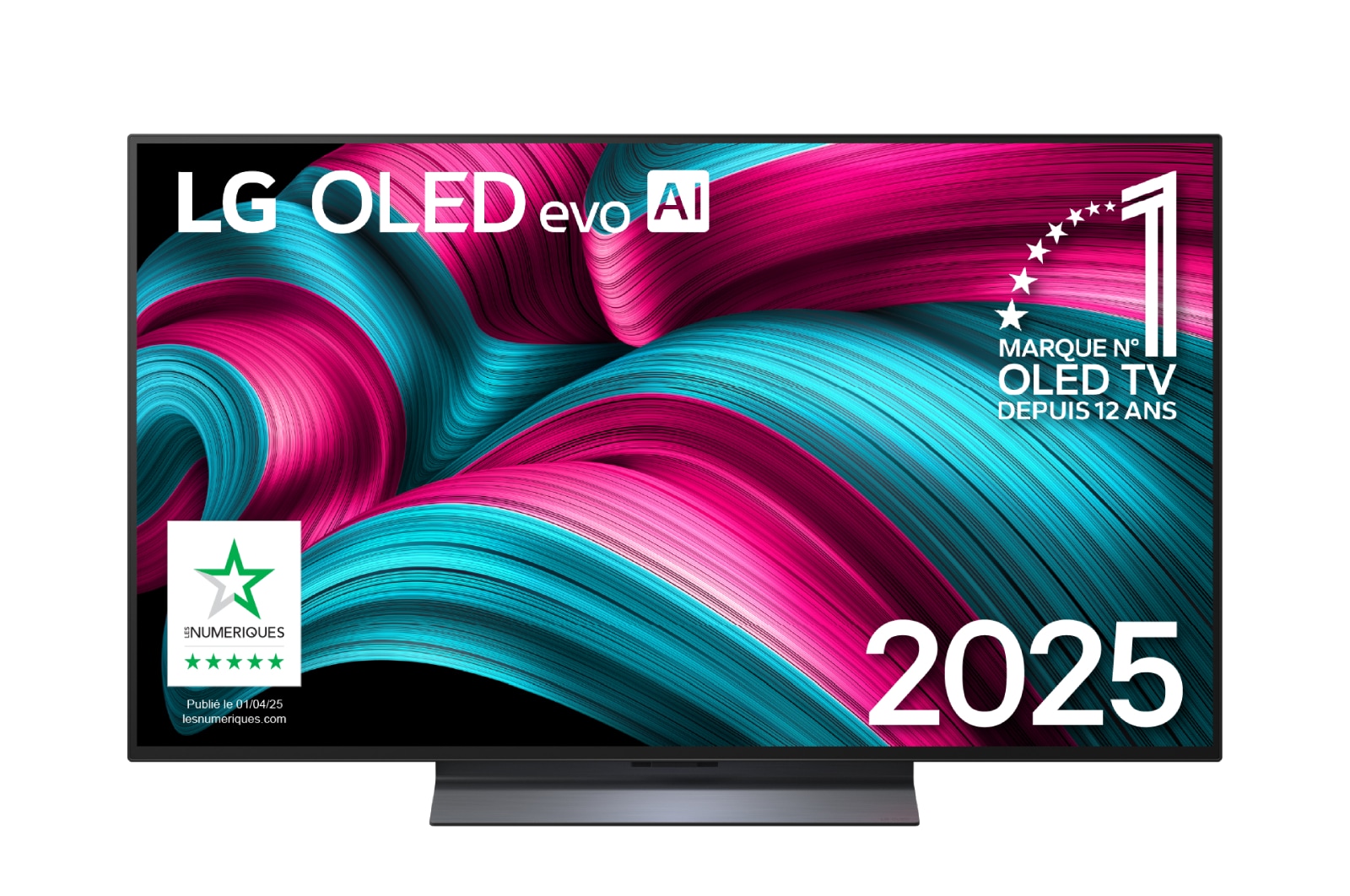 Front view of LG OLED evo AI C5 4K Smart TV. 12 Years of world number 1 OLED emblem and LG OLED evo AI 2025 logo are on the screen.