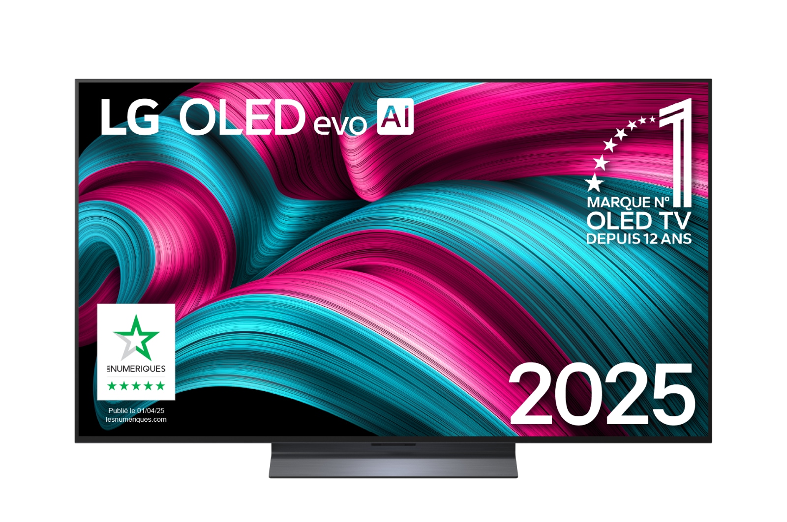 Vue avant de la Smart TV LG OLED evo AI C5 4K. L’emblème OLED numéro 1 dans le monde pendant 12 ans et le logo LG OLED evo AI 2025 sont à l’écran.