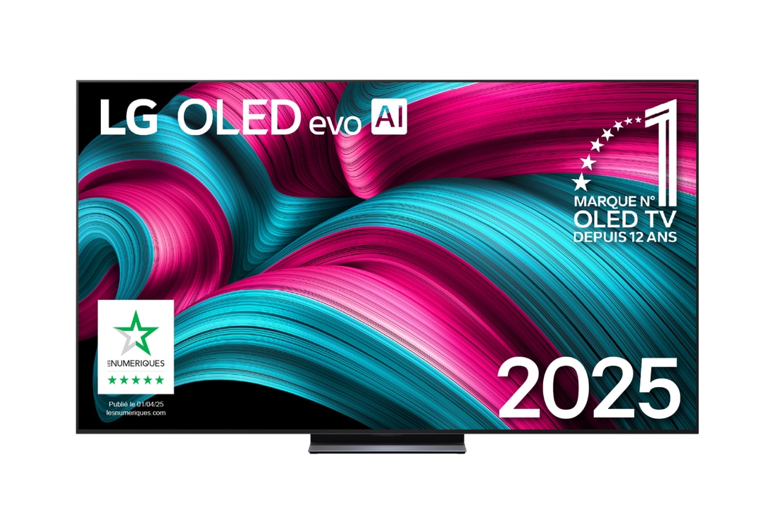 Front view of LG OLED evo AI C5 4K Smart TV. 12 Years of world number 1 OLED emblem and LG OLED evo AI 2025 logo are on the screen.