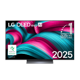 Vue avant de la Smart TV LG OLED evo AI C5 4K. L’emblème OLED numéro 1 dans le monde pendant 12 ans et le logo LG OLED evo AI 2025 sont à l’écran.