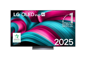 Vue avant de la Smart TV LG OLED evo AI C5 4K. L’emblème OLED numéro 1 dans le monde pendant 12 ans et le logo LG OLED evo AI 2025 sont à l’écran.