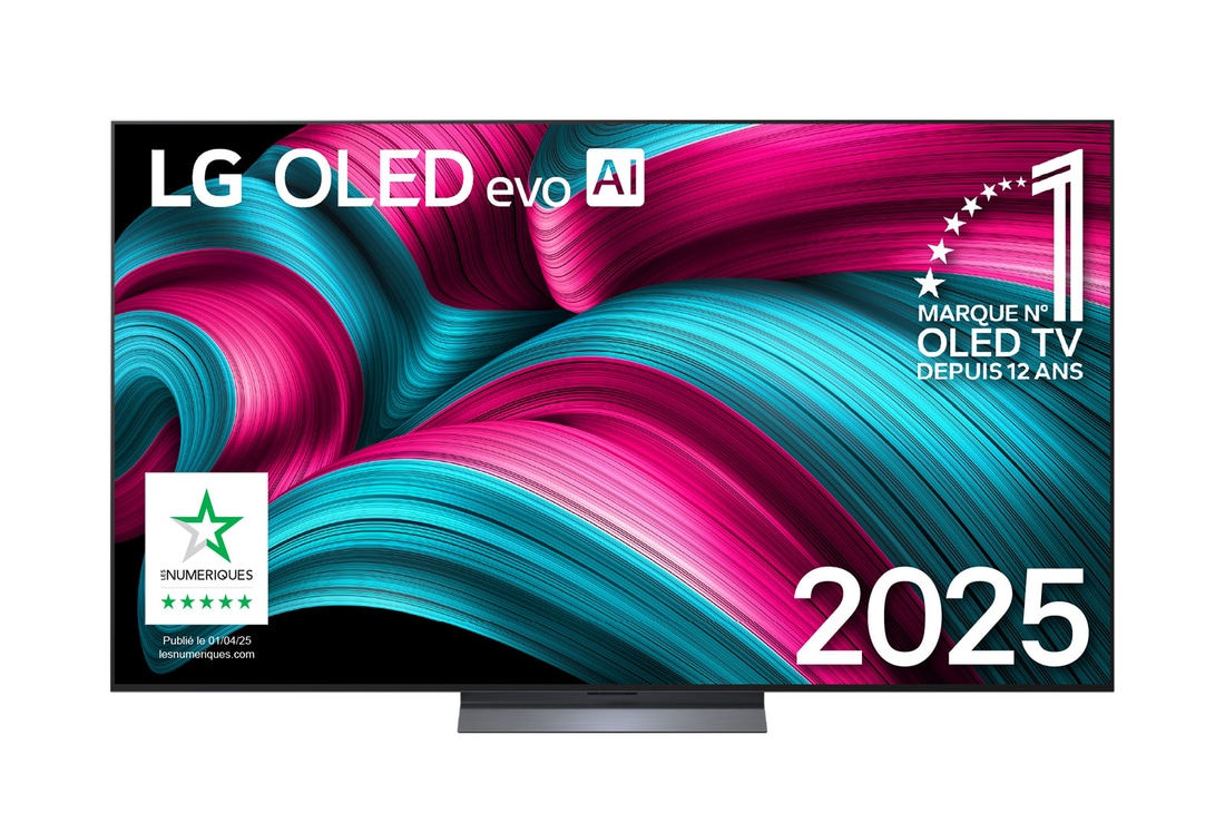 Vue avant de la Smart TV LG OLED evo AI C5 4K. L’emblème OLED numéro 1 dans le monde pendant 12 ans et le logo LG OLED evo AI 2025 sont à l’écran.