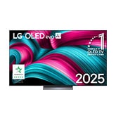 Vue avant de la Smart TV LG OLED evo AI C5 4K. L’emblème OLED numéro 1 dans le monde pendant 12 ans et le logo LG OLED evo AI 2025 sont à l’écran.