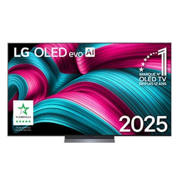 Vue avant de la Smart TV LG OLED evo AI C5 4K. L’emblème OLED numéro 1 dans le monde pendant 12 ans et le logo LG OLED evo AI 2025 sont à l’écran.