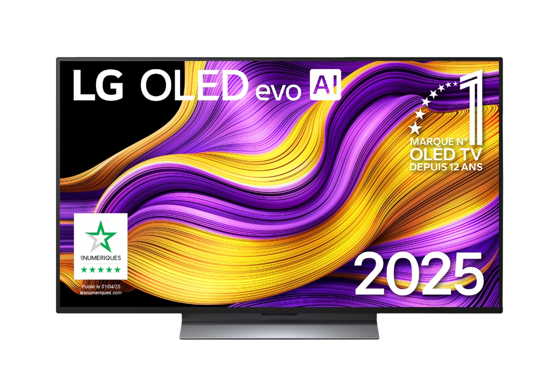 Vue avant de la Smart TV LG OLED evo AI G5 4K. L’emblème OLED numéro 1 dans le monde pendant 12 ans et le logo LG OLED evo AI 2025 sont à l’écran.