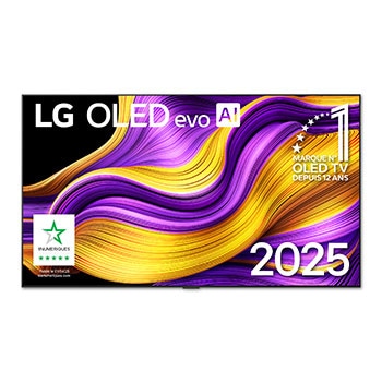 Front view of LG OLED evo AI G5 4K Smart TV. 12 Years of world number 1 OLED emblem and LG OLED evo AI 2025 logo are on the screen.
