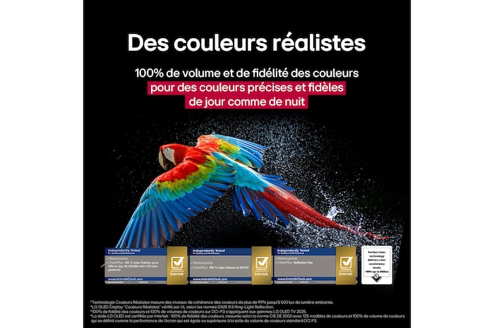 Dazzling and vibrantly colorful fireworks are on a TV screen. This demonstrates 100% Color Fidelity which shows accurate colors even in sunlight. Logo certification is visible, Perfect Color Technology delivers color consistency levels greater than 99% up to 500 lux. Intertek certifications that show independent testing are also beside it.