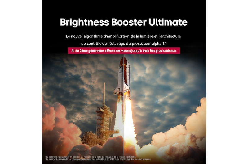 A space shuttle launching from the ground. The scene is split in the middle with one half slightly darker and duller. The other half shows how the rocket blast is remarkably bright, demonstrating how bright visuals can be on an LG OLED TV screen with the light emitting structure and lighting control architecture of Brightness Booster Max.
