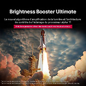 Le lancement d’une navette spatiale depuis le sol. La scène est divisée au milieu avec une moitié légèrement plus sombre et plus terne. L’autre moitié montre à quel point la fusée est remarquablement lumineuse, démontrant à quel point les visuels peuvent être brillants sur un écran de LG OLED TV avec la structure émettant de la lumière et l’architecture de contrôle de l’éclairage de l’amplificateur de luminosité Ultimate.