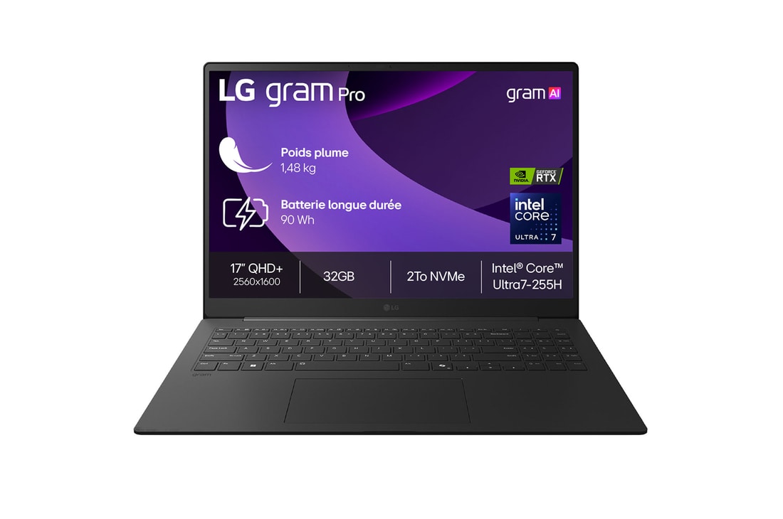 Front view of 17" LG gram AI Laptop, 32GB RAM, Intel® Core™ Ultra Processor, gram Hybrid AI, Obsidian Black with Copilot+ Bloom Wallpaper