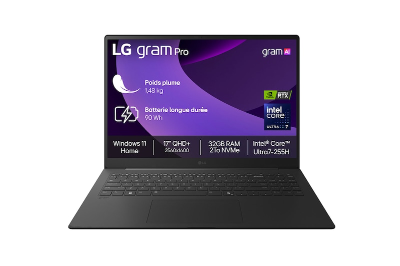 Front view of 17" LG gram AI Laptop, 32GB RAM, Intel® Core™ Ultra Processor, gram Hybrid AI, Obsidian Black with Copilot+ Bloom Wallpaper