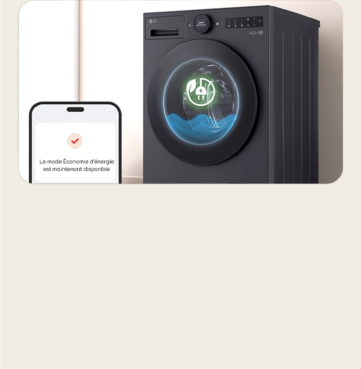 LG washer with energy saving mode icon next to phone screen showing mode status in bright room
