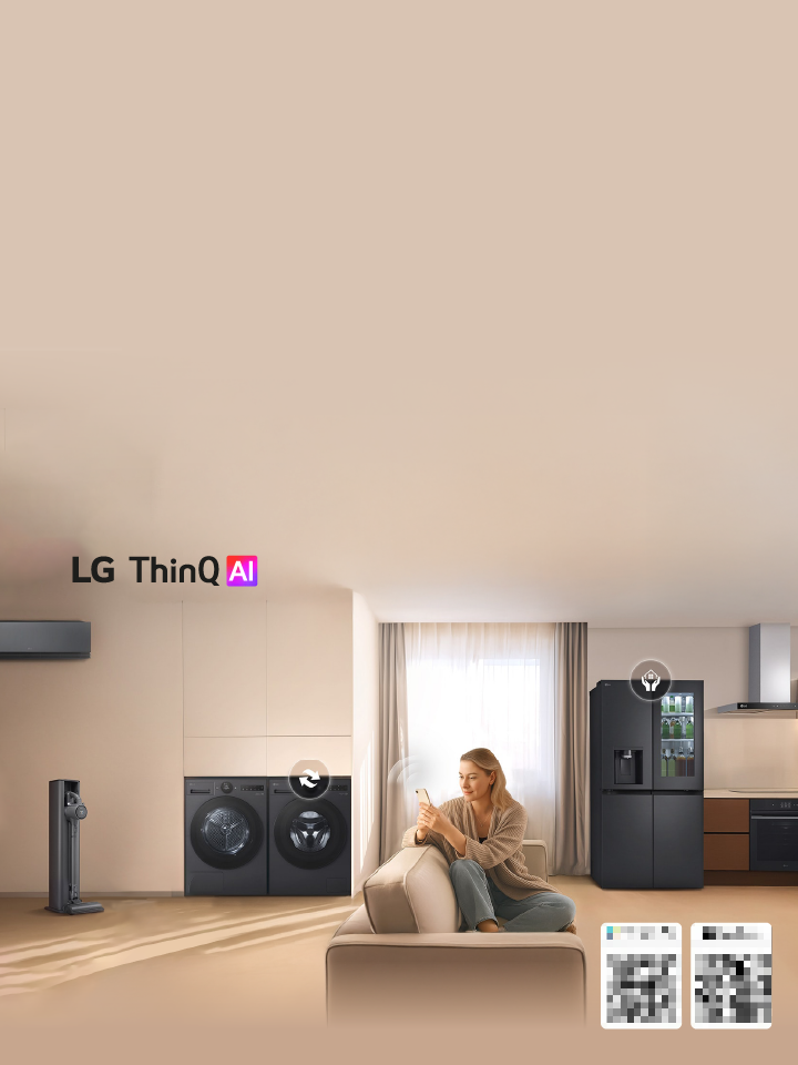 Woman on sofa using phone to control LG washer and fridge in bright living room