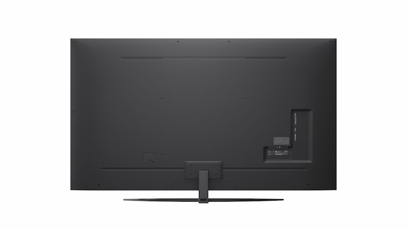 Vue avant et latérale de la Smart TV LG NanoCell NANO81 AI 4K montrant ses dimensions de longueur, largeur, hauteur et profondeur.
