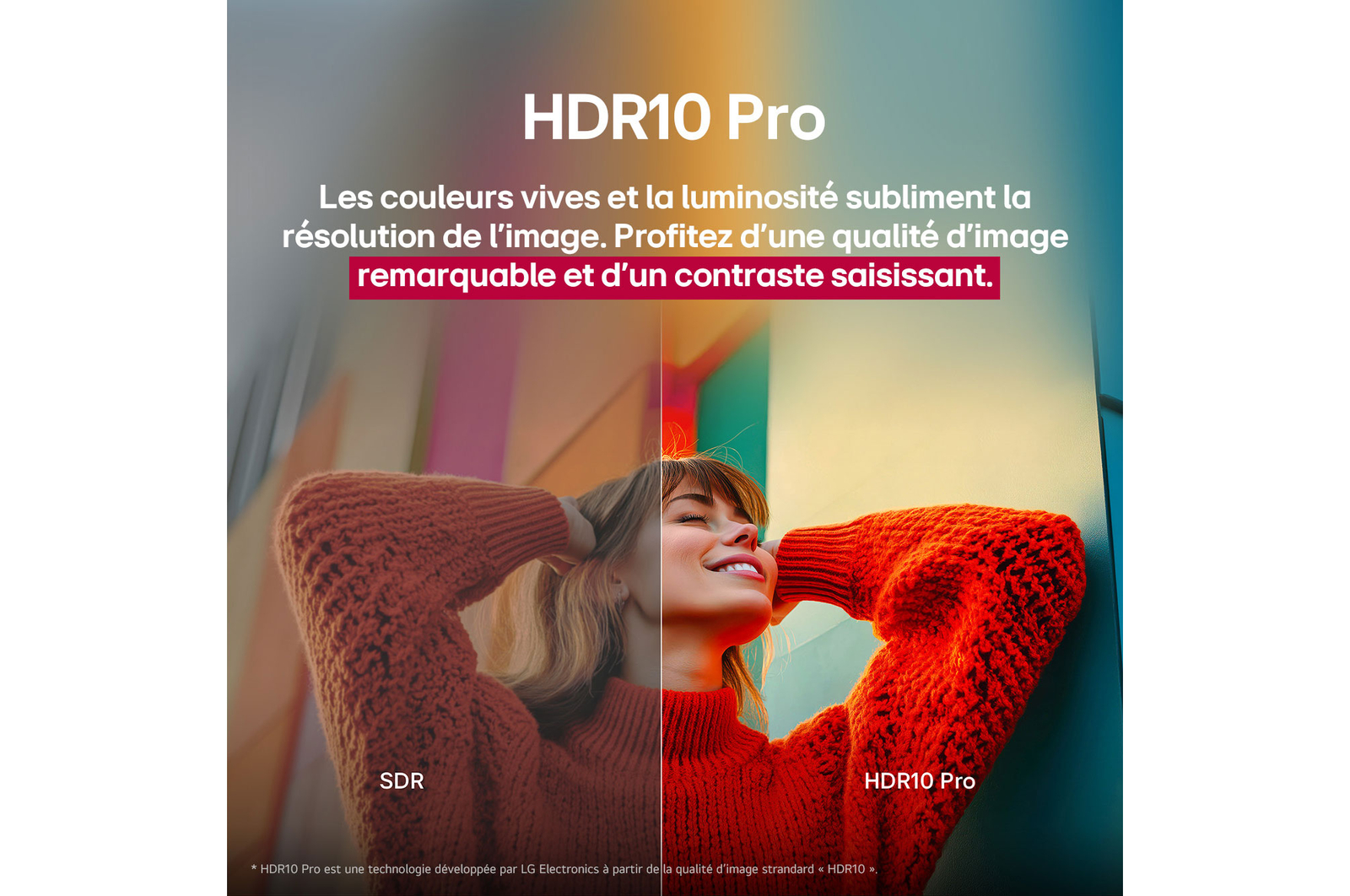 Du contenu de science-fiction est diffusé sur un écran de LG TV. Sur l’écran se trouve l’interface AI Chatbot. L’utilisateur a envoyé un message au Chatbot indiquant que l’écran est trop sombre. Le Chatbot a proposé des solutions à la demande. Toute la scène est également divisée en deux. Un côté est plus sombre, l’autre est plus lumineux, montrant comment le AI Chatbot a résolu le problème pour l’utilisateur automatiquement. Le texte explique que le Al Chatbot peut comprendre les souhaits de l’utilisateur et fournir des solutions de dépannage.