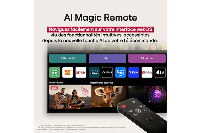 Télécommande LG AI Magic Remote avec le bouton IA en surbrillance. Autour d’elle se trouvent les différentes fonctionnalités auxquelles un utilisateur peut accéder à partir du bouton. AI Voice ID, AI Search, AI Chatbot, AI Concierge, AI Picture Wizard, AI Sound Wizard. Le texte explique que la télécommande LG AI Magic Remote complète votre AI Experience avec un bouton dédié à l’IA et peut être utilisée comme une souris aérienne. Il vous suffit de pointer et cliquer.