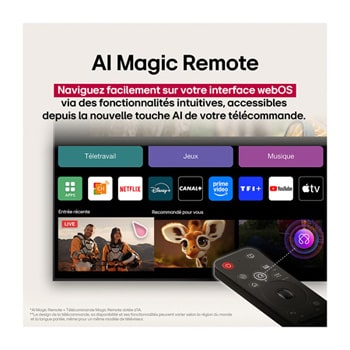 Télécommande LG AI Magic Remote avec le bouton IA en surbrillance. Autour d’elle se trouvent les différentes fonctionnalités auxquelles un utilisateur peut accéder à partir du bouton. AI Voice ID, AI Search, AI Chatbot, AI Concierge, AI Picture Wizard, AI Sound Wizard. Le texte explique que la télécommande LG AI Magic Remote complète votre AI Experience avec un bouton dédié à l’IA et peut être utilisée comme une souris aérienne. Il vous suffit de pointer et cliquer.